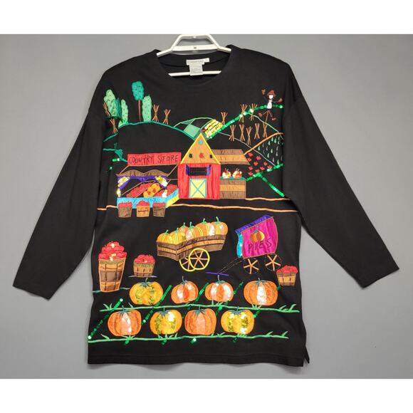 Vintage 80s Accessory Lady Top Womens L Black Fall Applique Embroidered Sequin - Picture 9 of 11